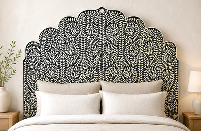 BONE INLAY QUEEN BEDFRAME - BLACK SCROLL VINE