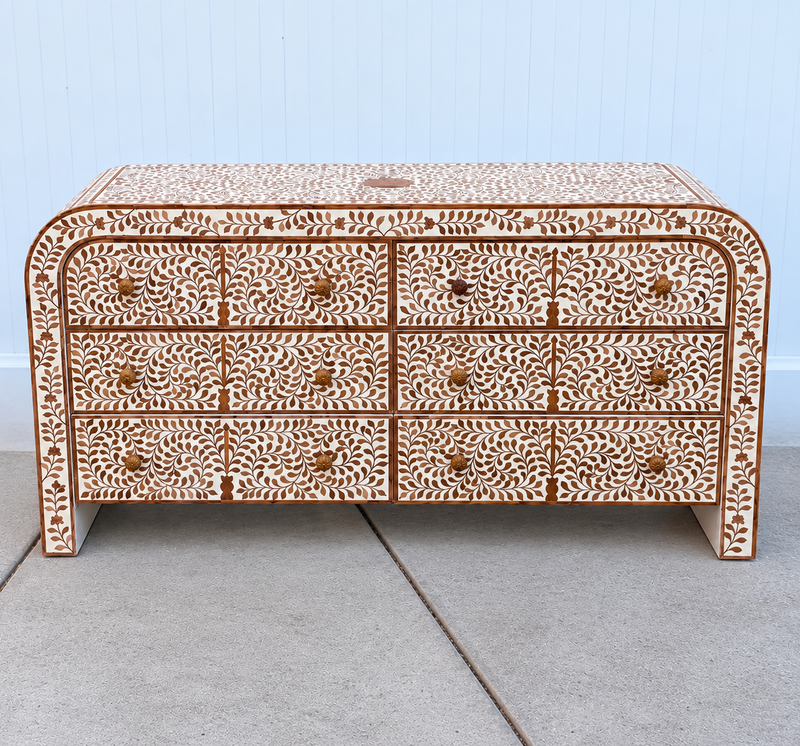 Teak Inlay Curved Chest of 6 Drawers - Floral Pattern