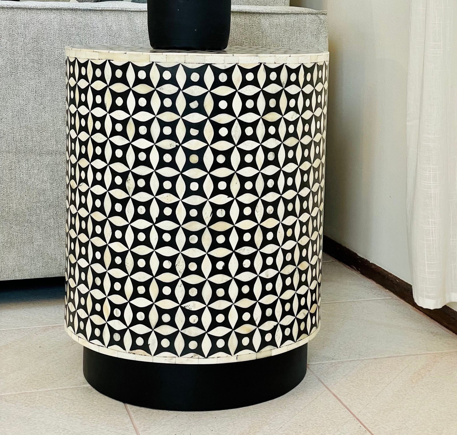 Bone Inlay Round Side Table - Geometric