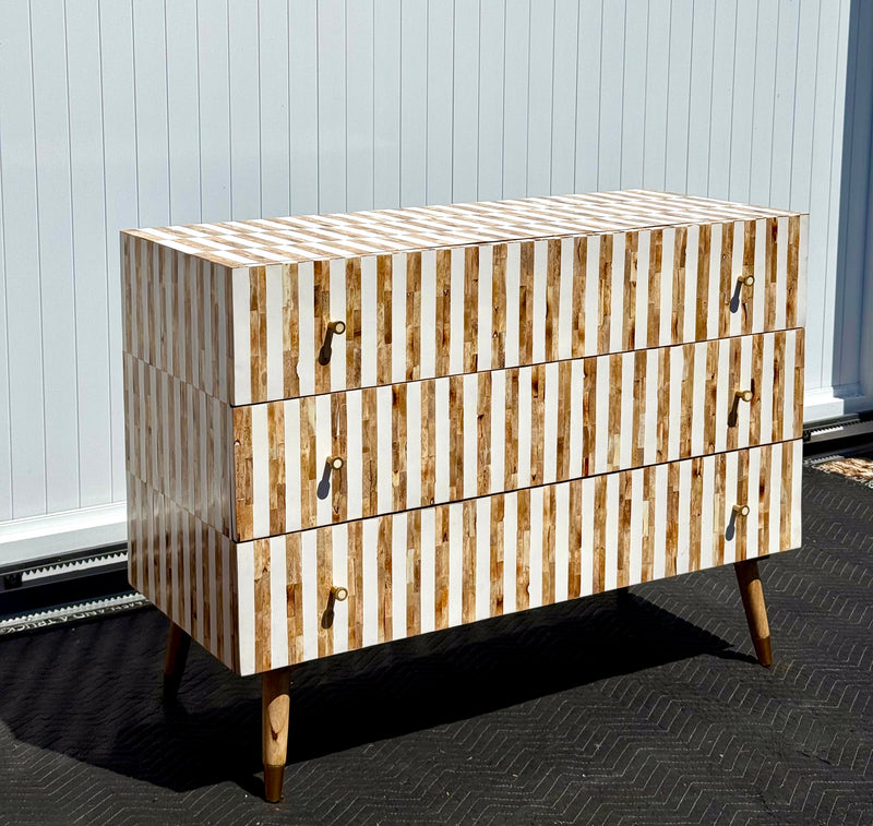 BONE INLAY 3 DRAWERS STRIPED CHEST - DYED BROWN