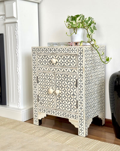 Bone Inlay Bedside Table - Grey Geometric