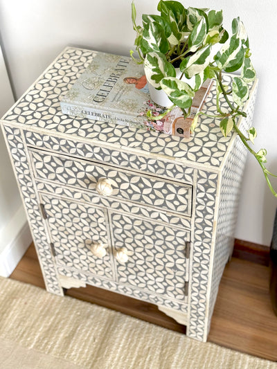 Bone Inlay Bedside Table - Grey Geometric