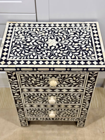 Bone Inlay Bedisde Table - Black Floral