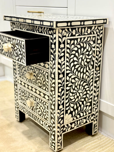 Bone Inlay Bedisde Table - Black Floral