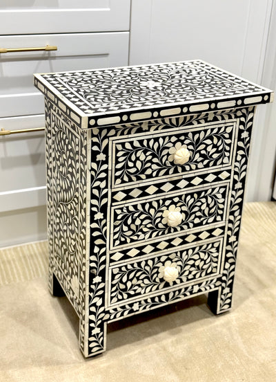Bone Inlay Bedisde Table - Black Floral