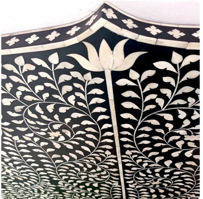 BONE INLAY QUEEN BEDFRAME - BLACK SCROLL VINE
