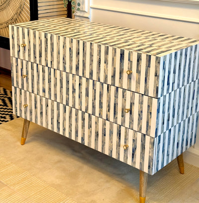 Bone Inlay 3 Drawers Scandinavian Chest With Wooden Legs - Dyed Blue Stripe