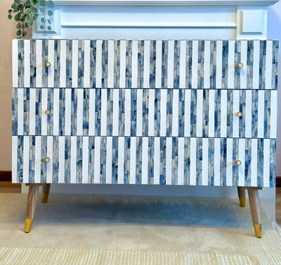 Bone Inlay 3 Drawers Scandinavian Chest With Wooden Legs - Dyed Blue Stripe