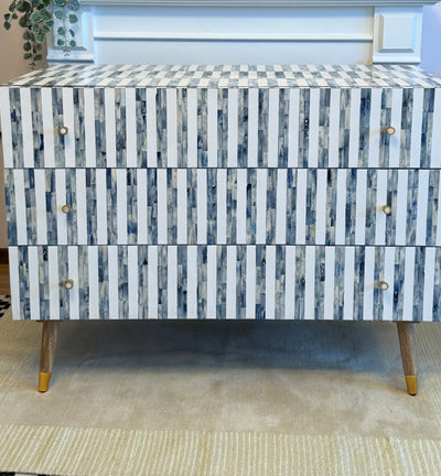 Bone Inlay 3 Drawers Scandinavian Chest With Wooden Legs - Dyed Blue Stripe