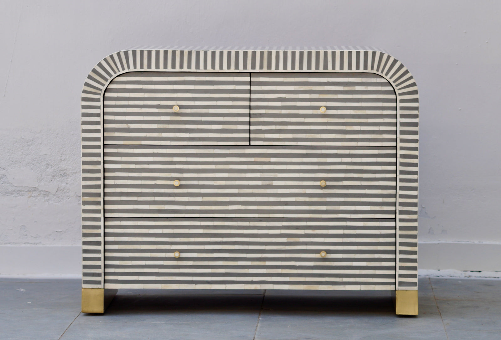 Bone Inlay Curved 4 Drawers Chest - Grey Stripe