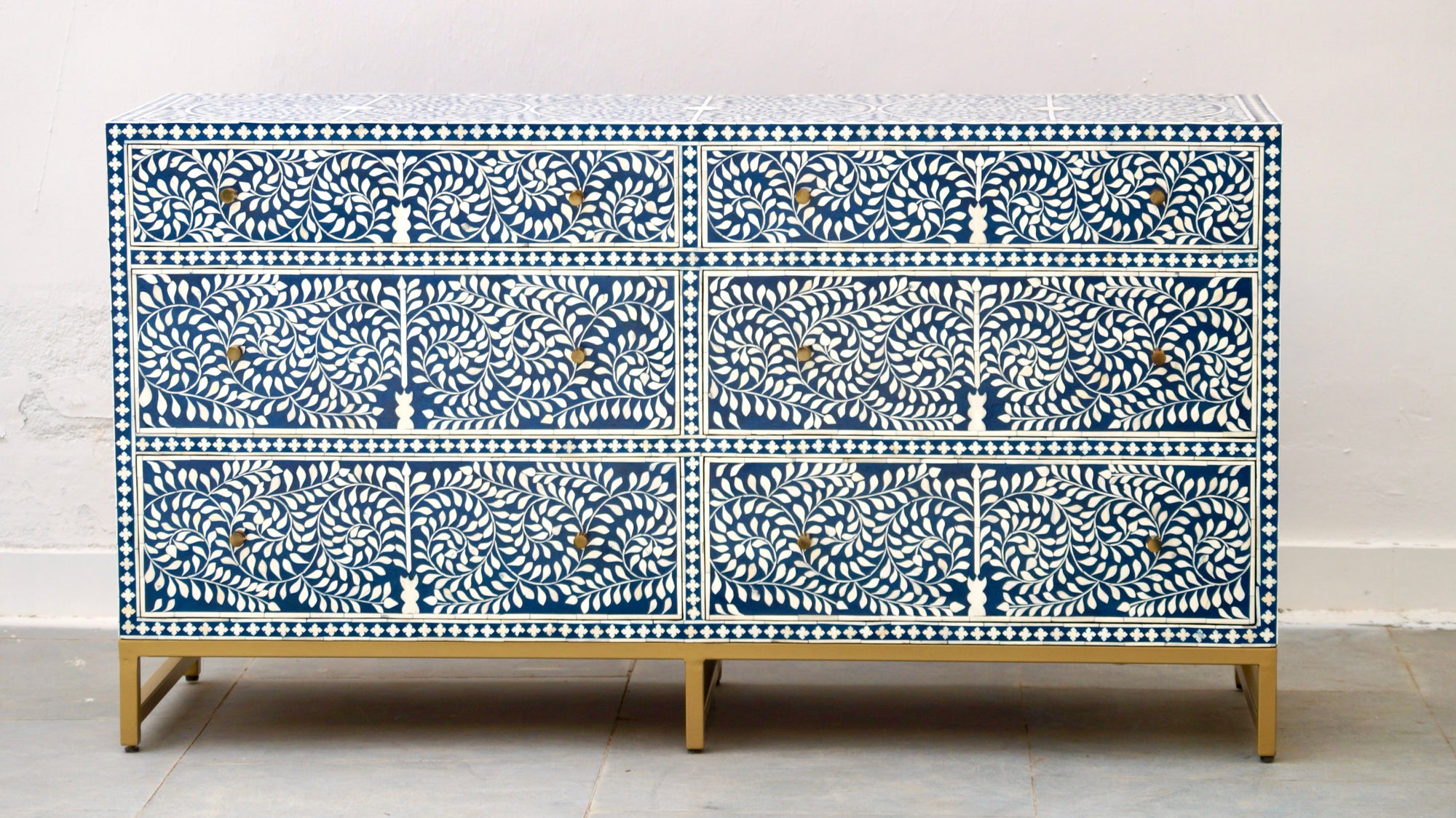 Bone Inlay Chest of 6 Drawers - Navy Scroll Vine - Interior Revival Bone Inlay Chest of 6 Drawers - Navy Scroll Vine - Interior Revival