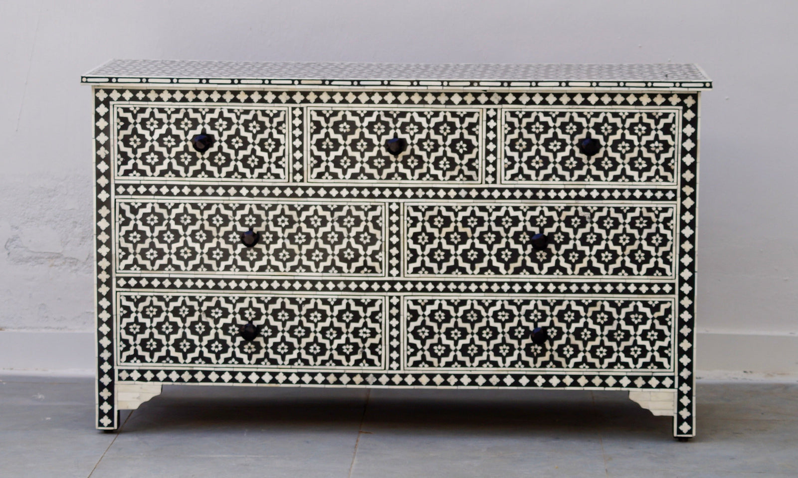 Bone Inlay Chest of 7 Drawers - Black Moroccan