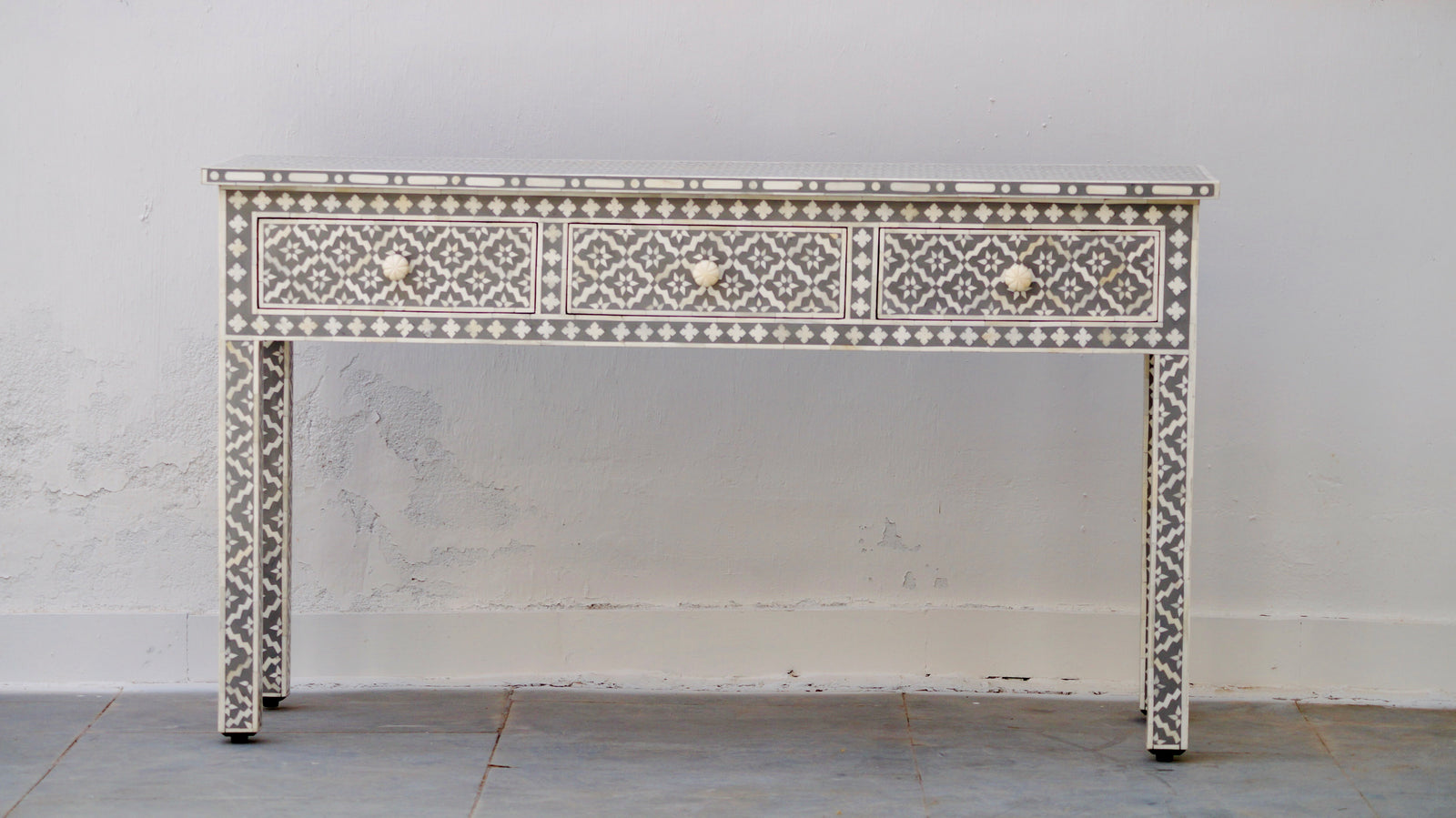 Bone Inlay 3 Drawer Console Table - Grey Moroccan