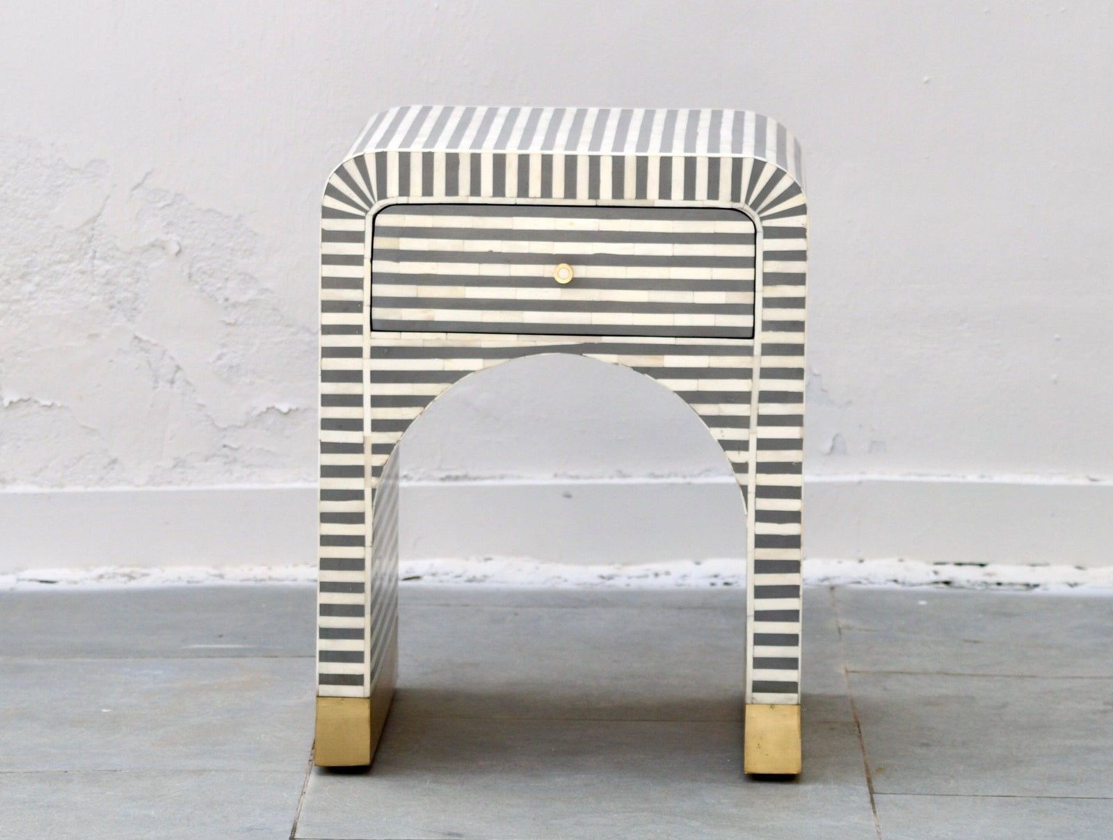 Bone Inlay Bedside Table - Grey Stripe