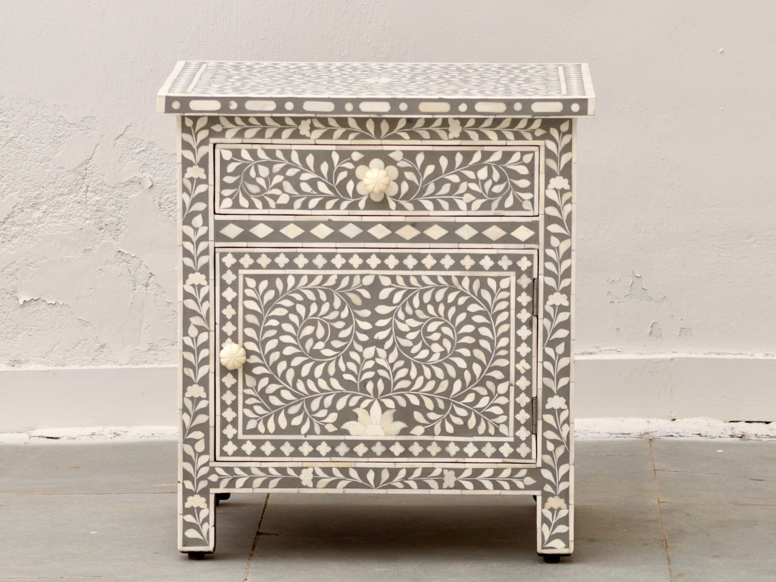 Bone Inlay Bedside Table - Grey Floral