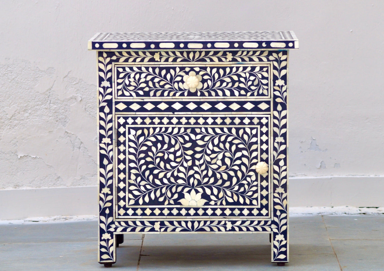 Bone Inlay Bedside Table - Navy Floral
