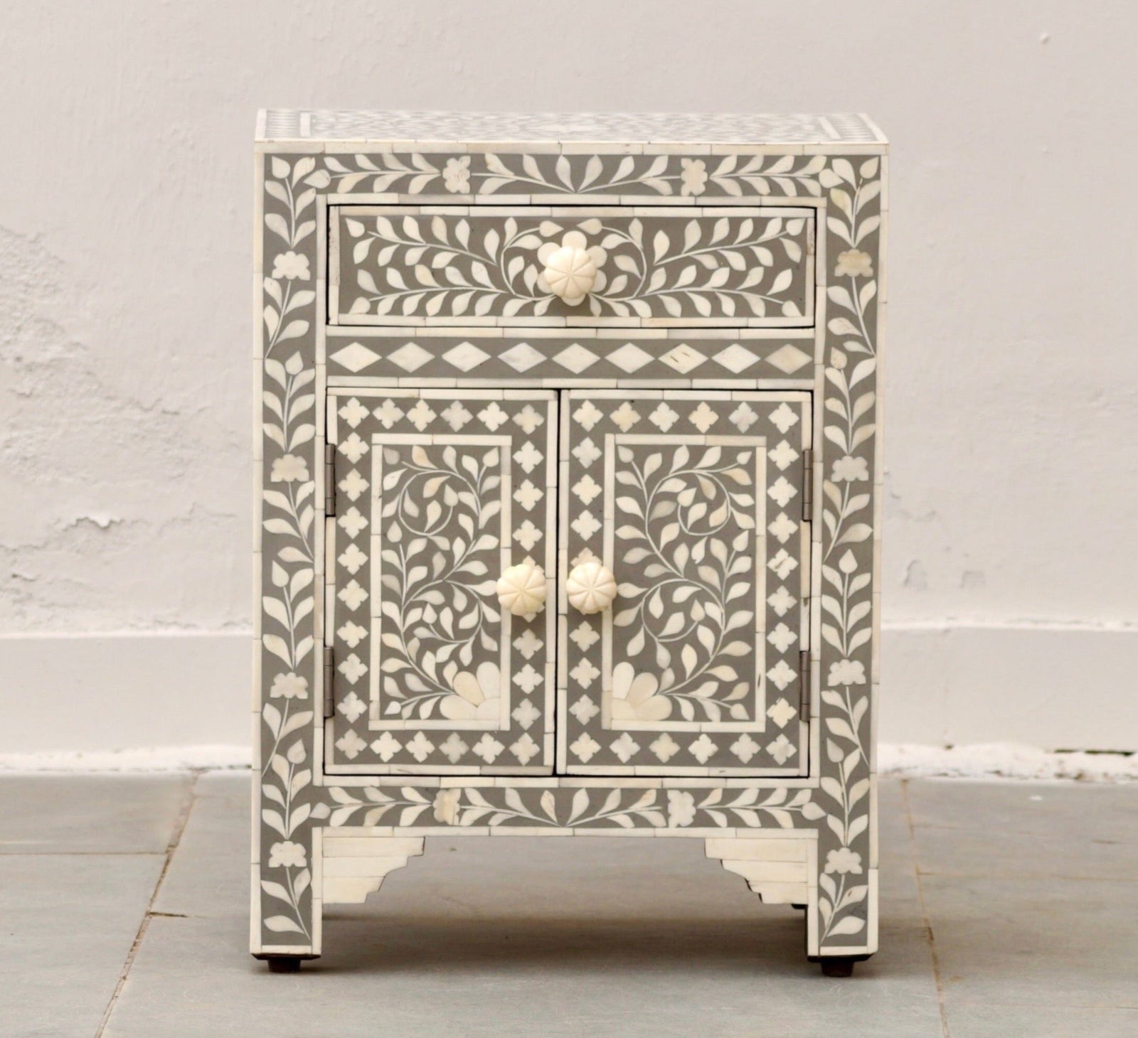 Bone Inlay Bedisde Table - Grey Floral