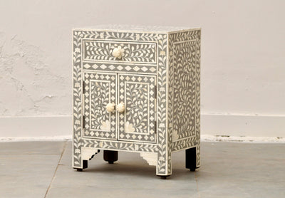 Bone Inlay Bedisde Table - Grey Floral