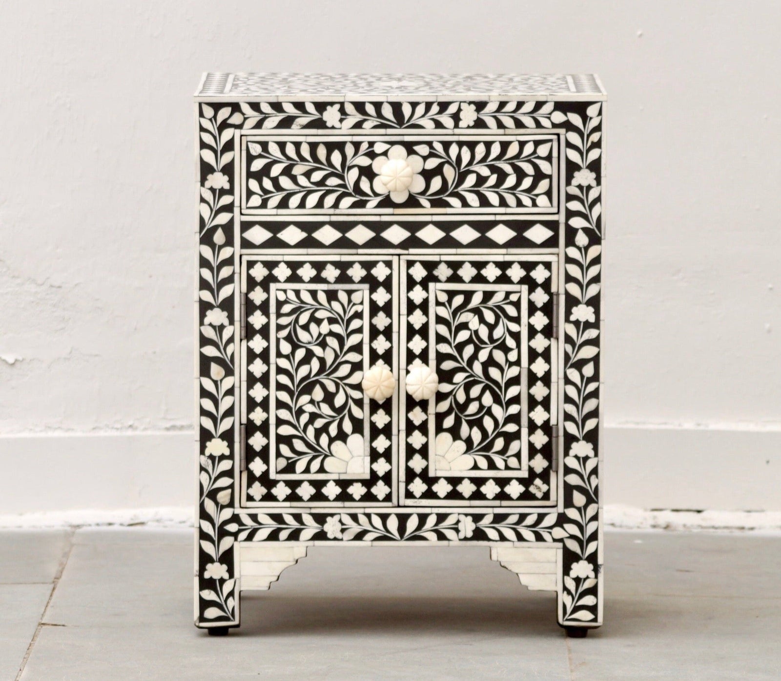 Bone Inlay Bedisde Table - Black Floral