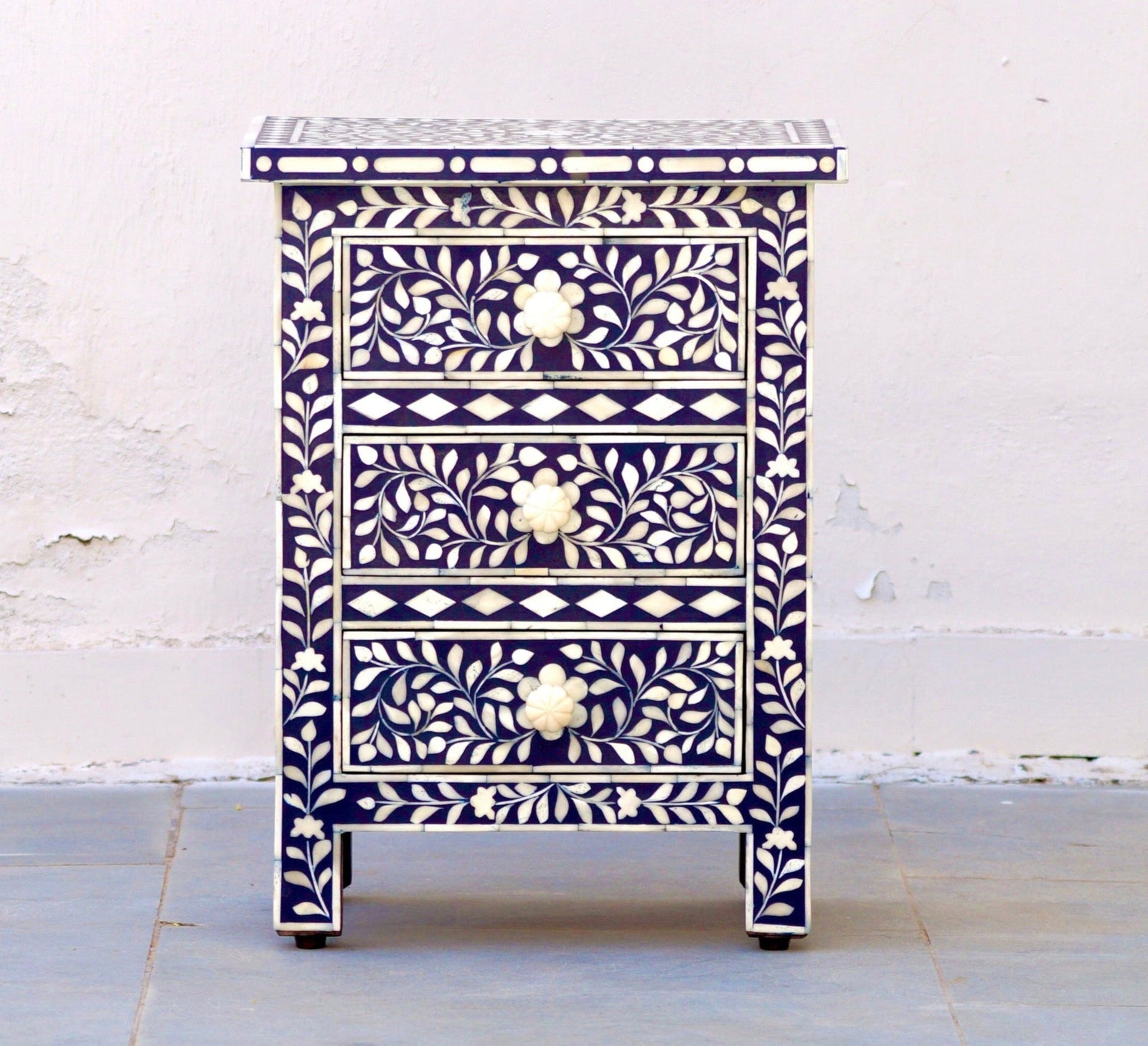 Bone Inlay Bedisde Table - Navy Floral