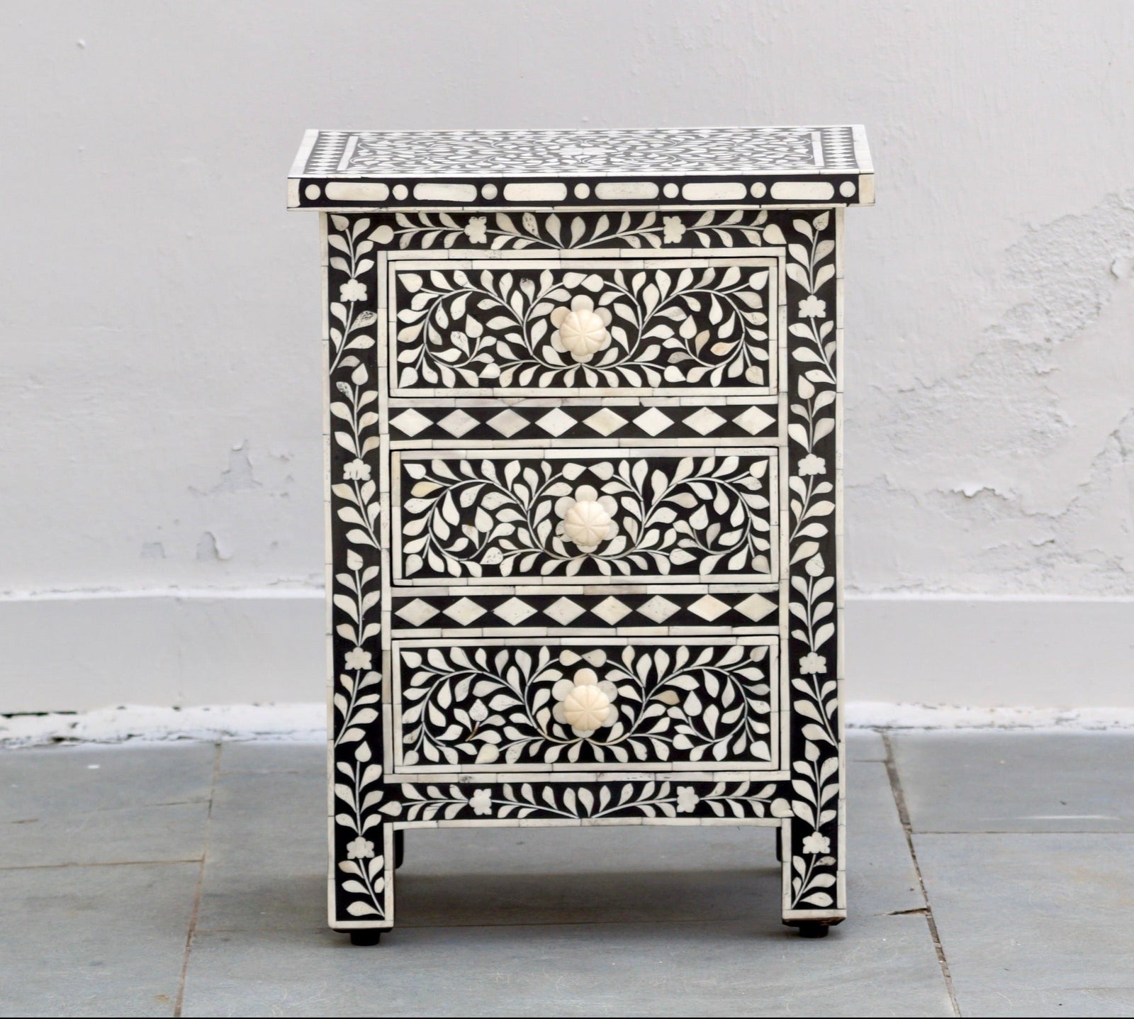 Bone Inlay Bedisde Table - Black Floral