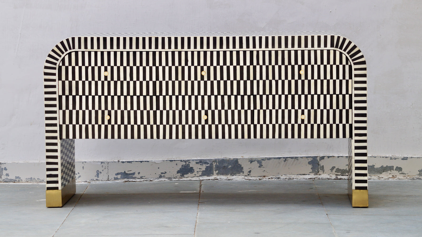 Bone Inlay Curved 6 Drawers Console - Black Stripe