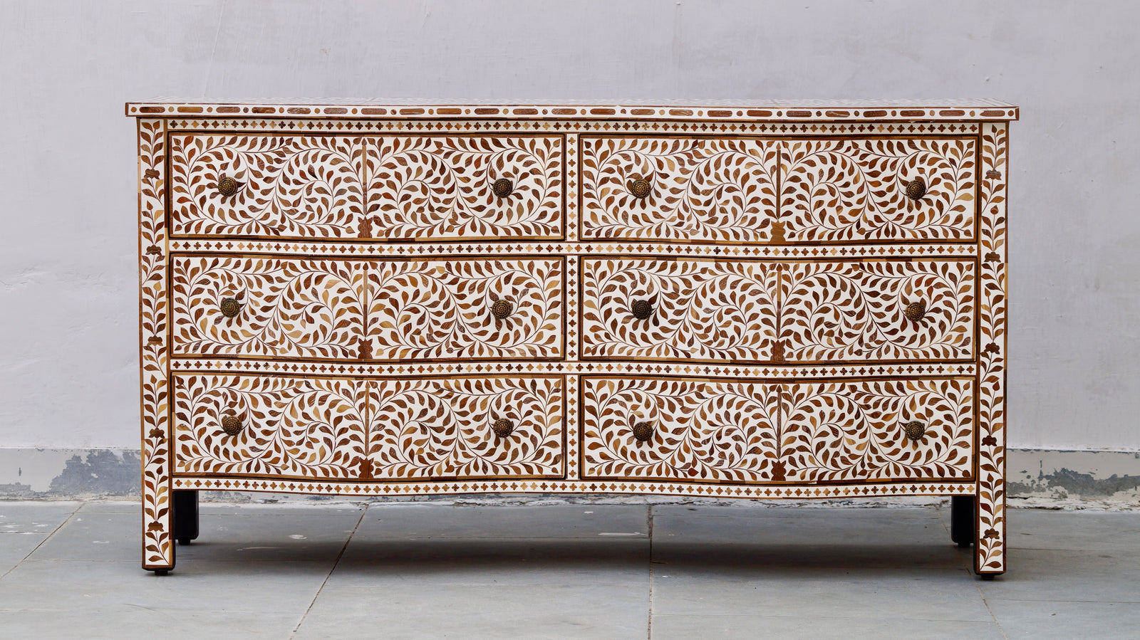 Teakwood Inlay French Chest of 6 Drawers - Floral Pattern