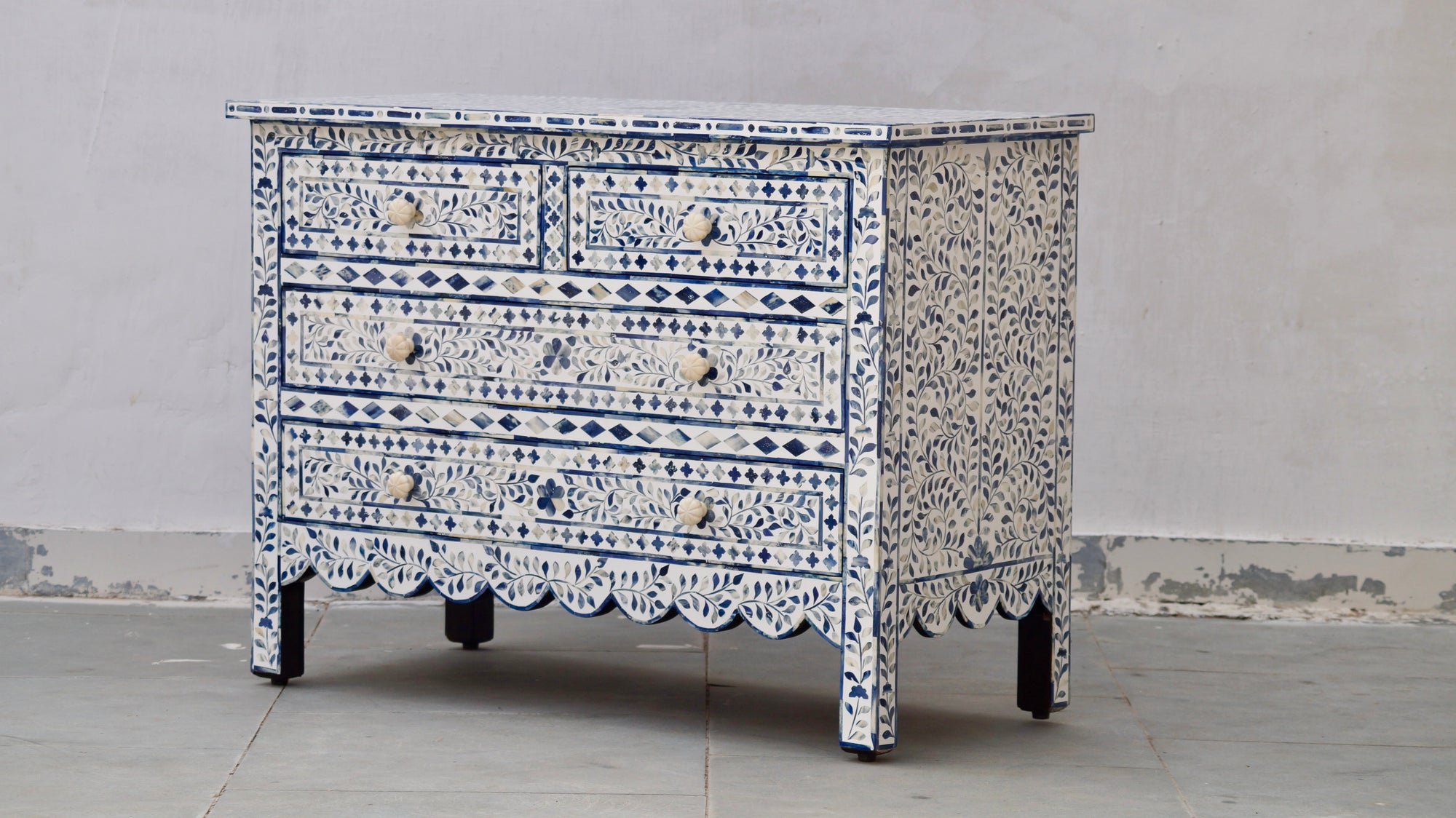 Bone Inlay Chest Of 4 Drawers - Dyed Blue Scallop - Interior Revival Bone Inlay Chest Of 4 Drawers - Dyed Blue Scallop - Interior Revival