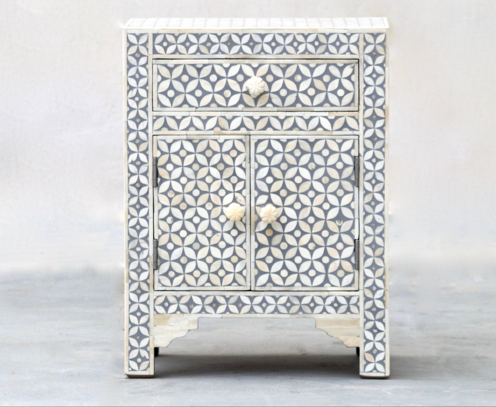 Bone Inlay Bedside Table - Grey Geometric